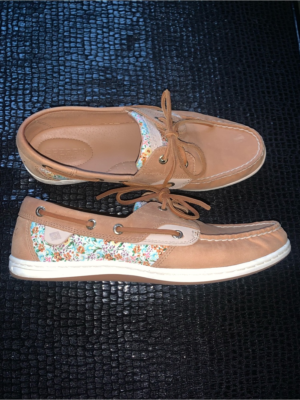 Sperry Women’s Tan Leather Moccasins with Floral Trim